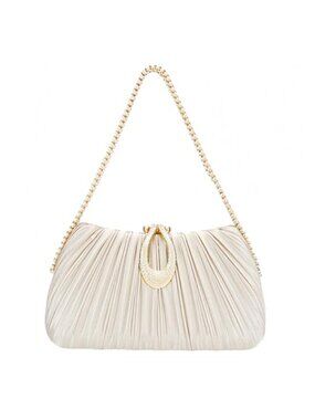 Pleated Satin Evening Clutch with Chain Strap, Wedding Party Handbag